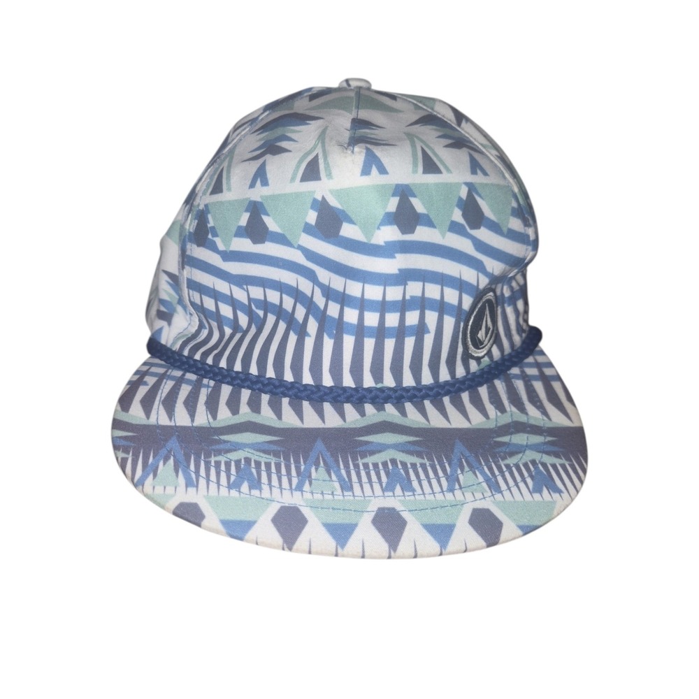 Volcom Carey Gulf Hat Blue Geometric Tribal Print Rope Flat Brim Adjustable Cap